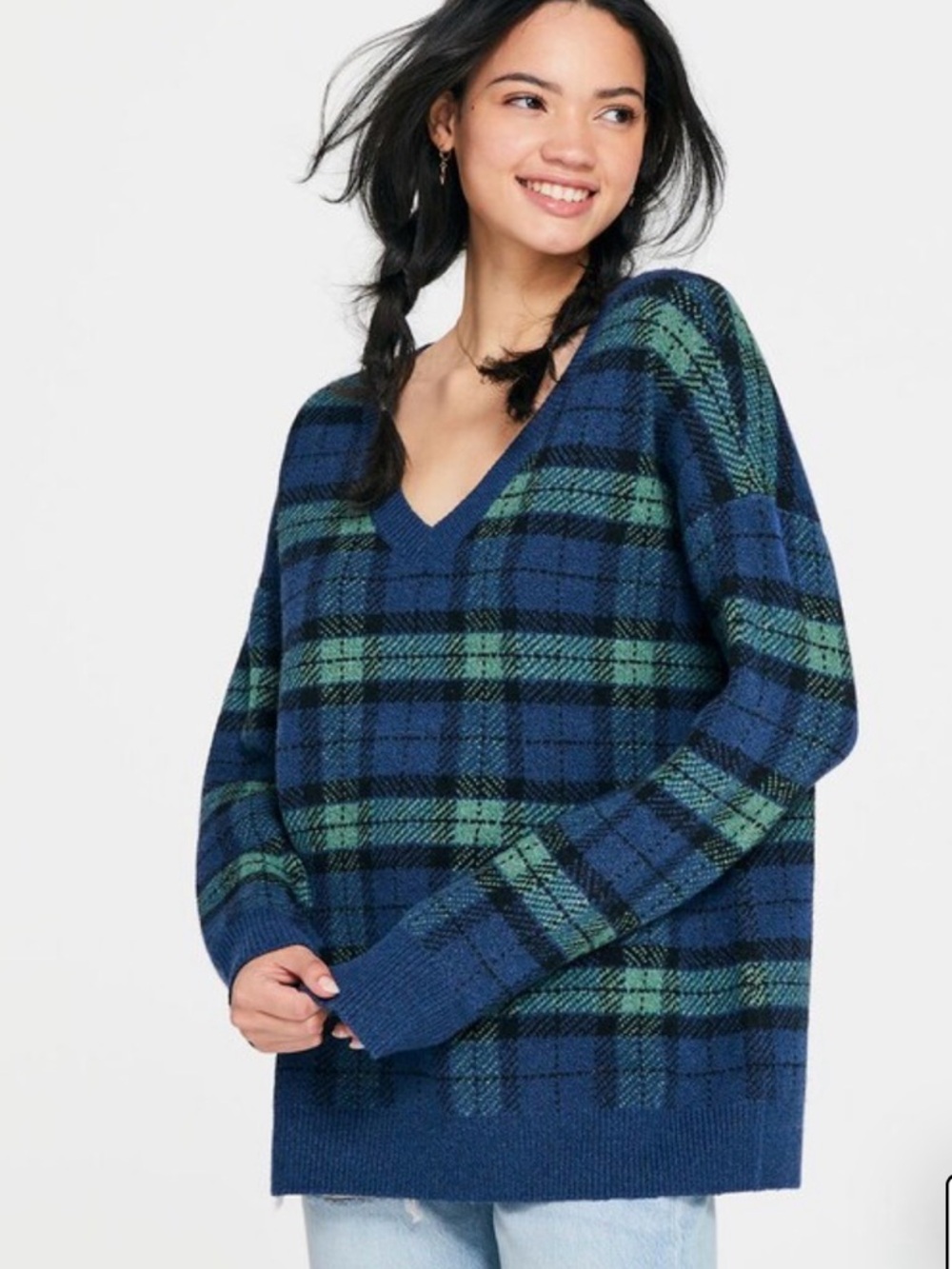 Aeropostale Plaid Oversized V‑Neck Sweater